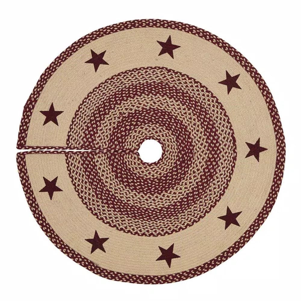 VHC Brands 48 in. Burgundy and Tan Jute Star Stenciled Tree Skirt - Primitive Country Decor