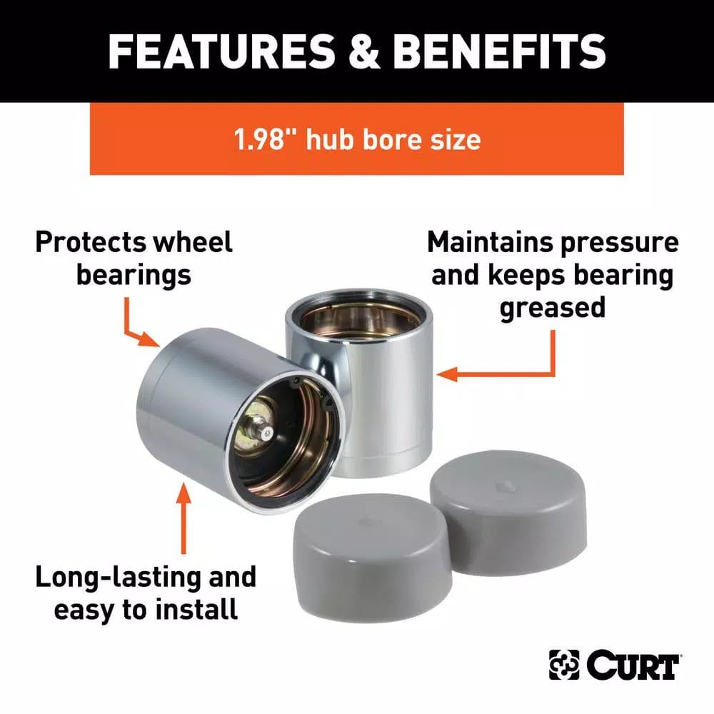 CURT 1.98" Bearing Protectors & Covers (2-Pack) - Chrome Wheel Bearing Dust Caps