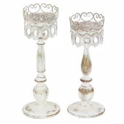 LITTON LANE 14 in. Distressed Ivory Iron Pillar Candle Holders with Filigree Design (Set of 2) thumbnail 1