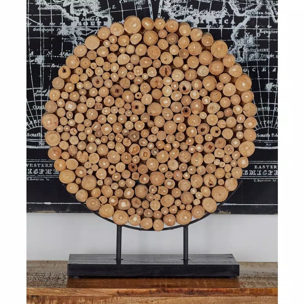 LITTON LANE Round Teak Wood Stump Sculpture - Rustic Organic Table Decor