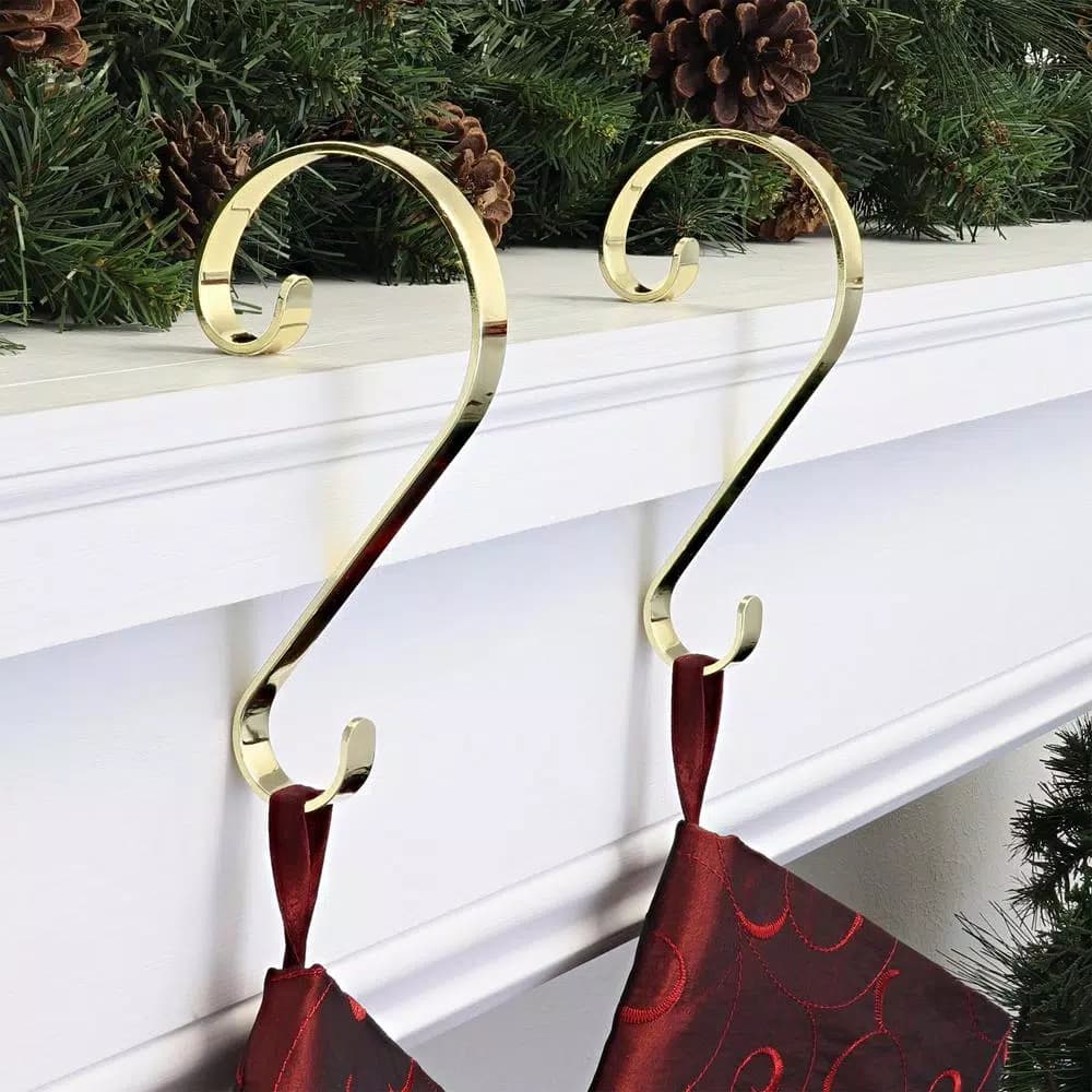 Haute Decor Brass Scroll Stocking Holders, 2-Pack - Ornate Christmas Mantel Decor
