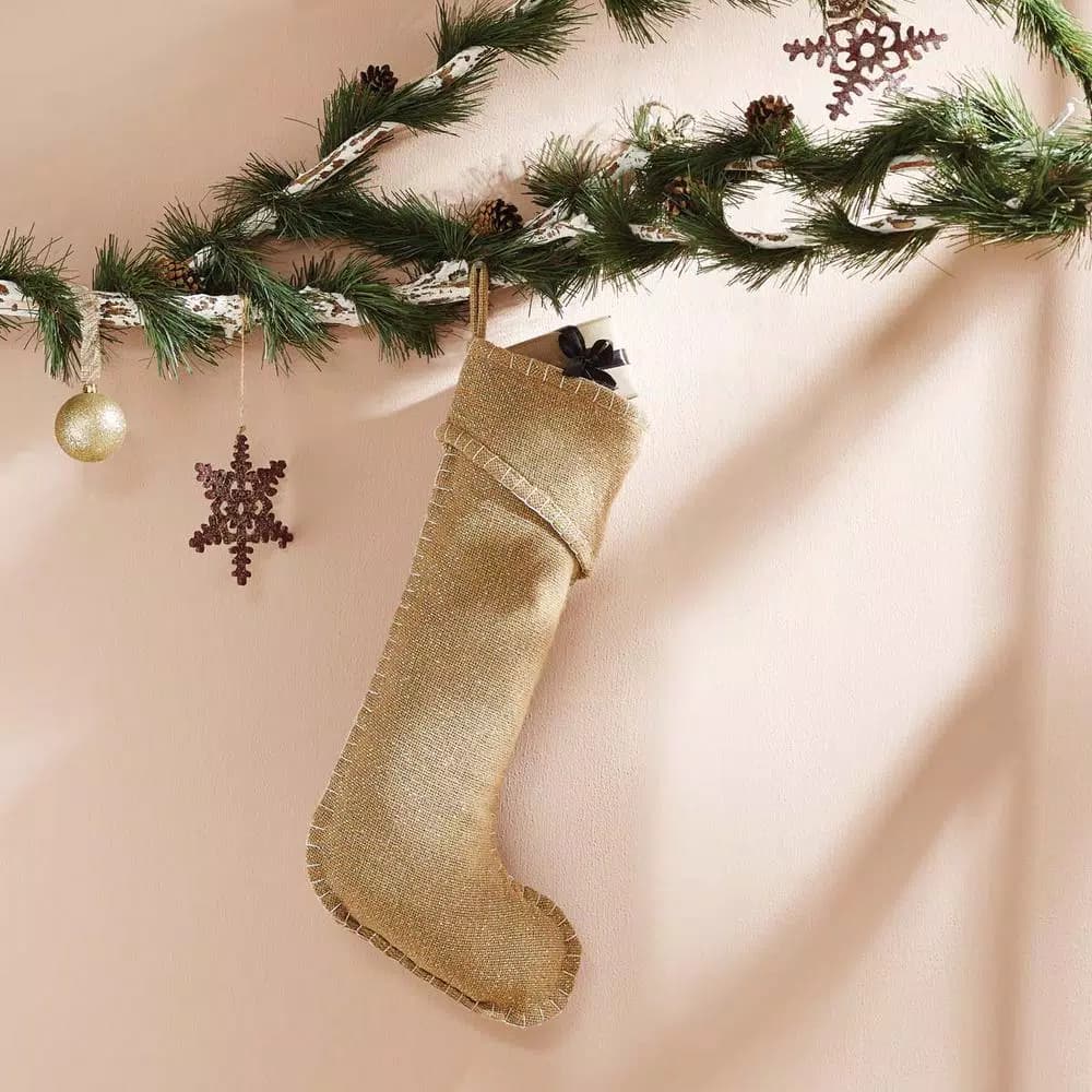 VHC Brands Nowell Farmhouse 20 in. Natural Burlap Christmas Stocking with Silver Metallic Whip Stitching