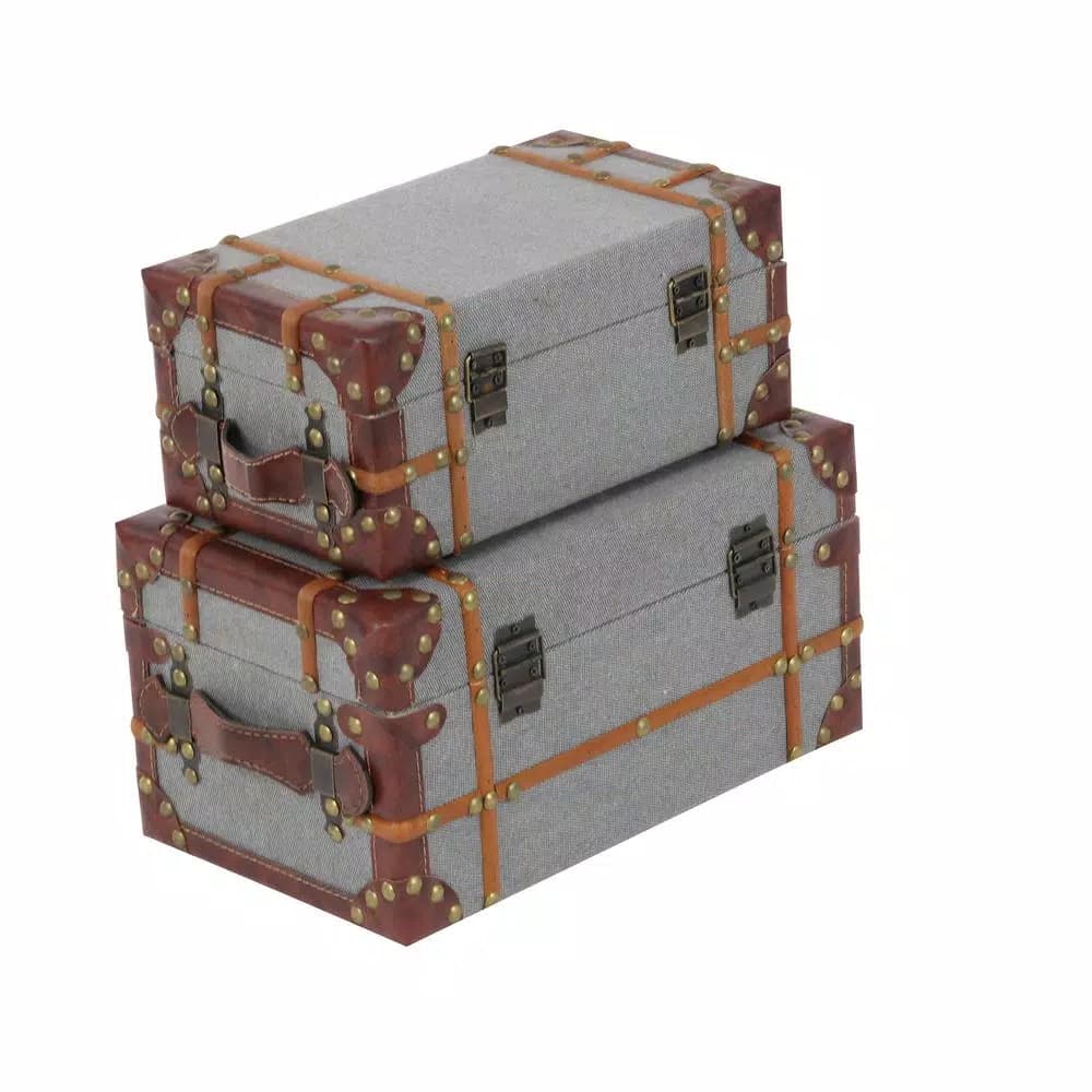 LITTON LANE Globetrotter Wood and Gray Burlap Fabric Decorative Storage Boxes with Leather Accents, Set of 2