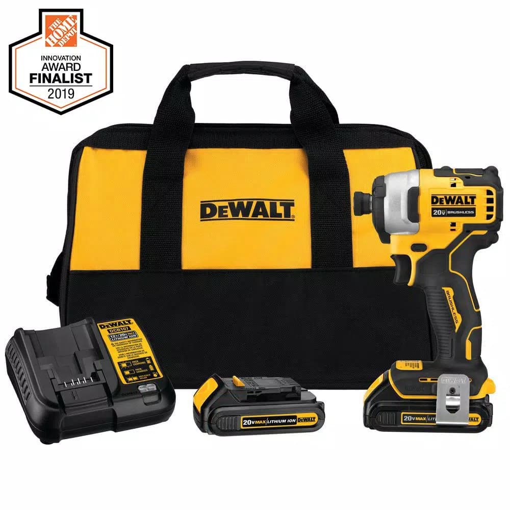 DEWALT 20V MAX ATOMIC 1/4 in. Compact Brushless Cordless Impact Driver Kit with (2) 1.3 Ah Batteries, Charger & Bag