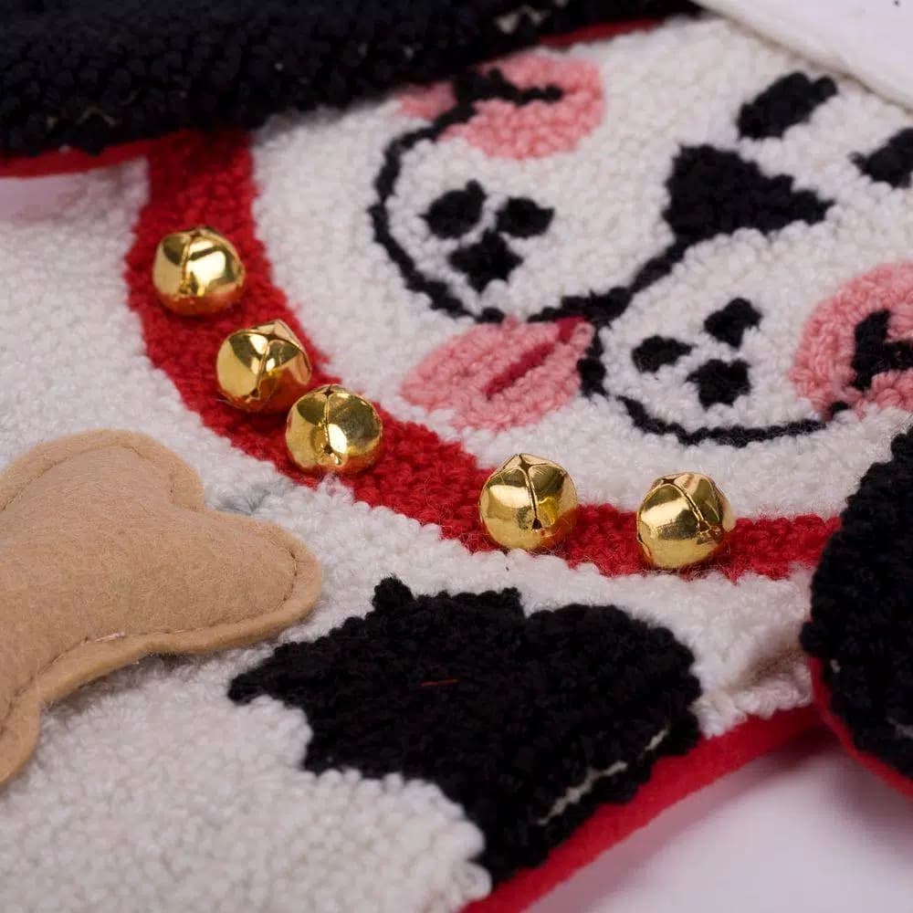 Glitzhome 22 in. Hooked 3D Dog Christmas Stocking - Red, White, and Black Spotted Dog Holiday Decor