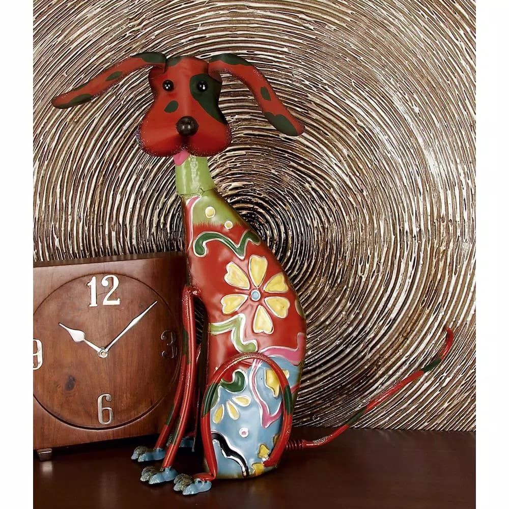 LITTON LANE Whimsical Dog Iron Sculpture with Floral Botanical Details and Wagging Spring Tail