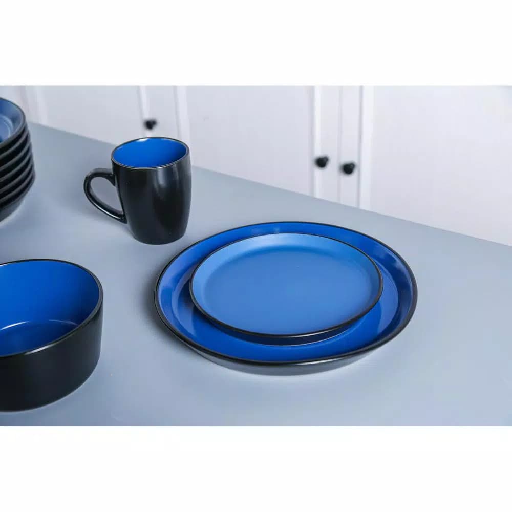 STONE LAIN 32-Piece Blue and Black Stoneware Dinnerware Set, Service for 8
