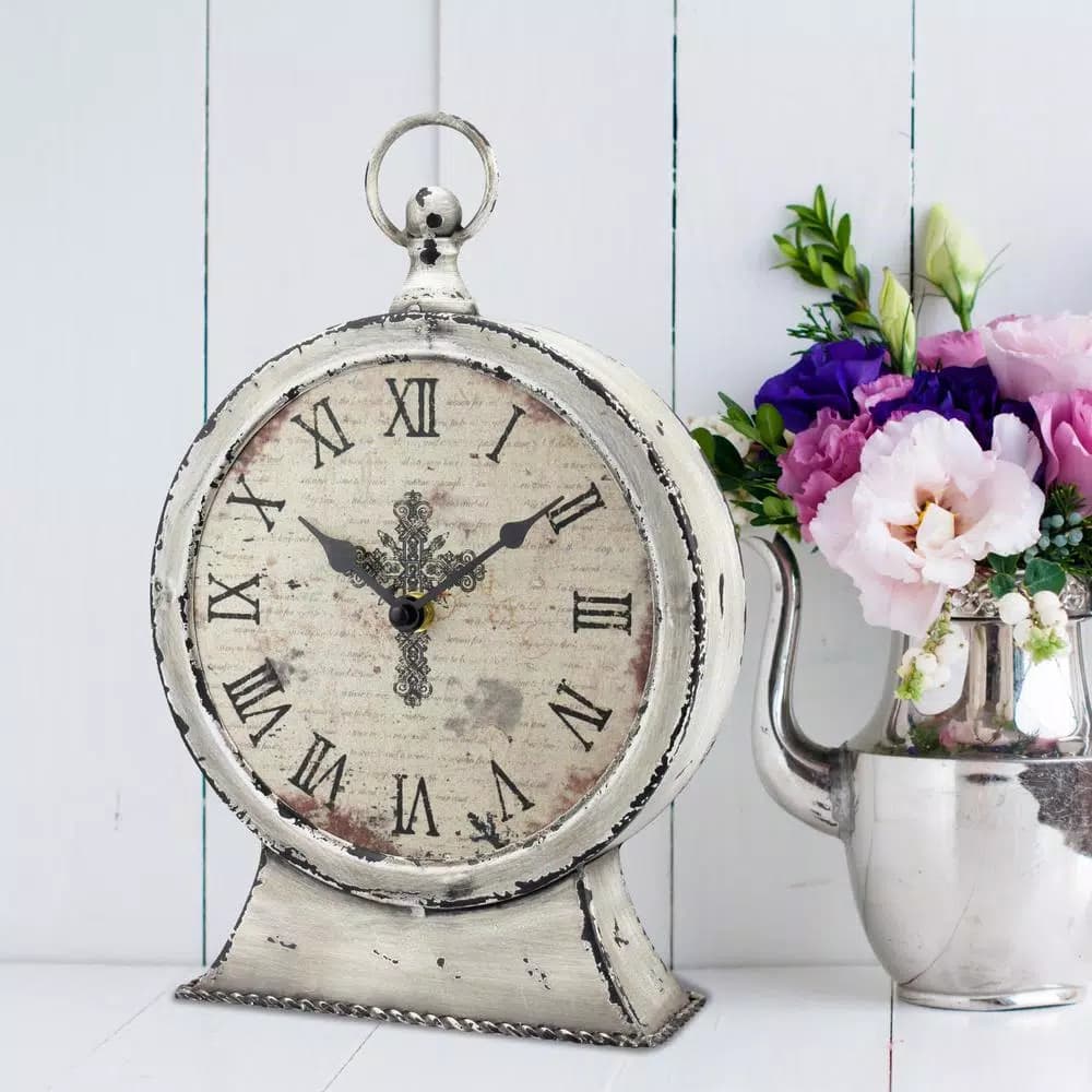 Stonebriar Collection Faith Round Tabletop Clock - 12.5 in. Rustic Ivory Metal Analog Clock with Cross