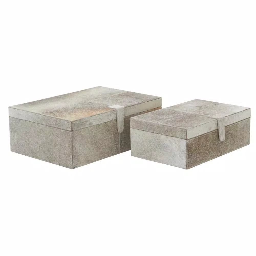 LITTON LANE Natural Reflections Gray Leather Hide Decorative Box Set of 2