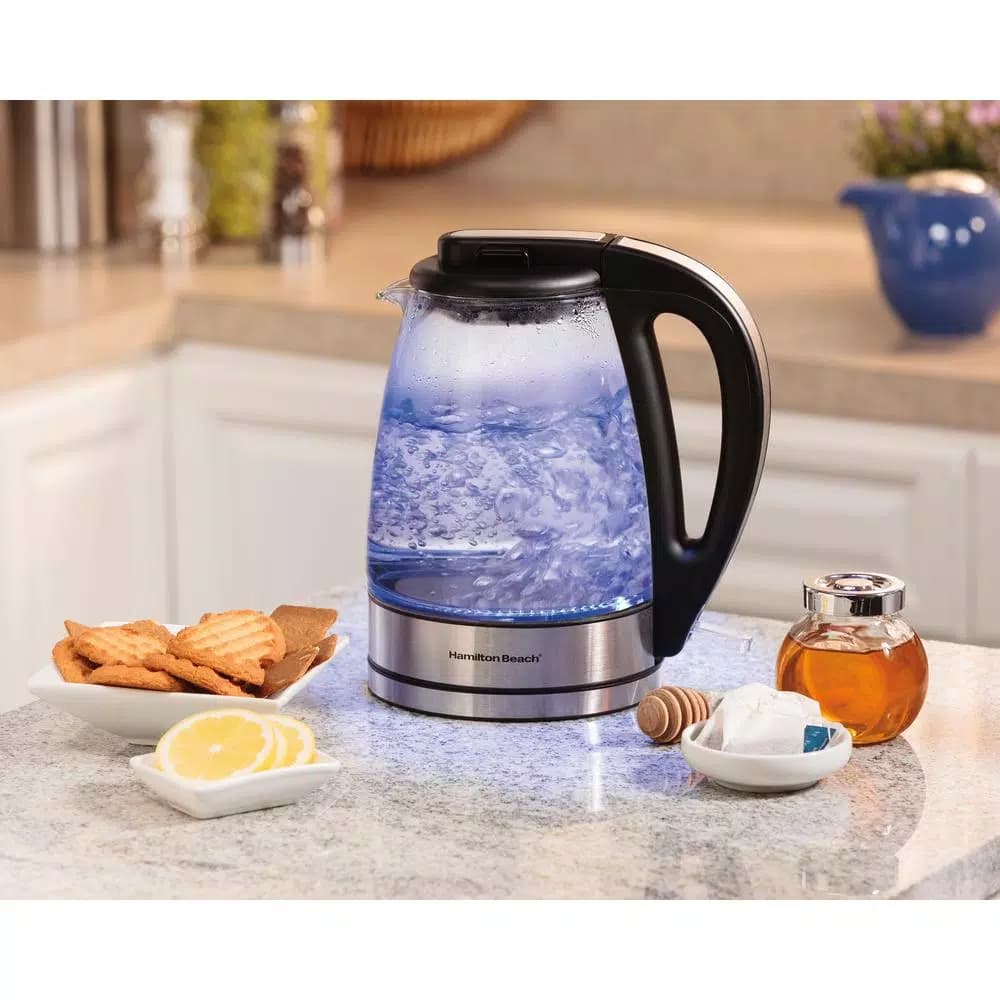 Hamilton Beach 1.7 Liter Glass Electric Kettle, 1500W Rapid Boil with Blue Illumination
