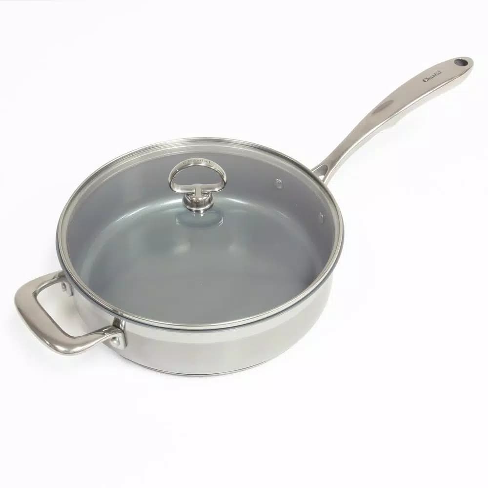 Chantal Induction 21 Steel 10 in. Stainless Steel Ceramic Nonstick Skillet with Glass Lid, Brushed Stainless Steel