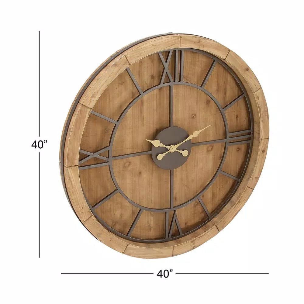 LITTON LANE 40 in. Rustic Round Cypress Wood Wall Clock with Roman Numerals