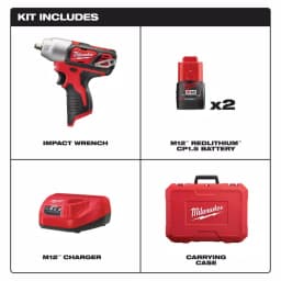 Milwaukee M12 12V Lithium-Ion Cordless 3/8 in. Impact Wrench Kit with (2) 1.5 Ah Batteries, Charger & Hard Case thumbnail 2