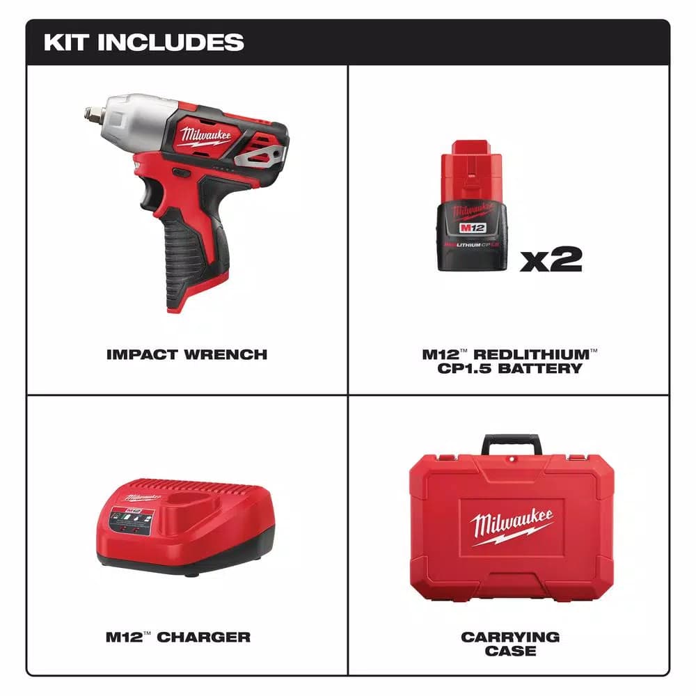 Milwaukee M12 12V Lithium-Ion Cordless 3/8 in. Impact Wrench Kit with (2) 1.5 Ah Batteries, Charger & Hard Case