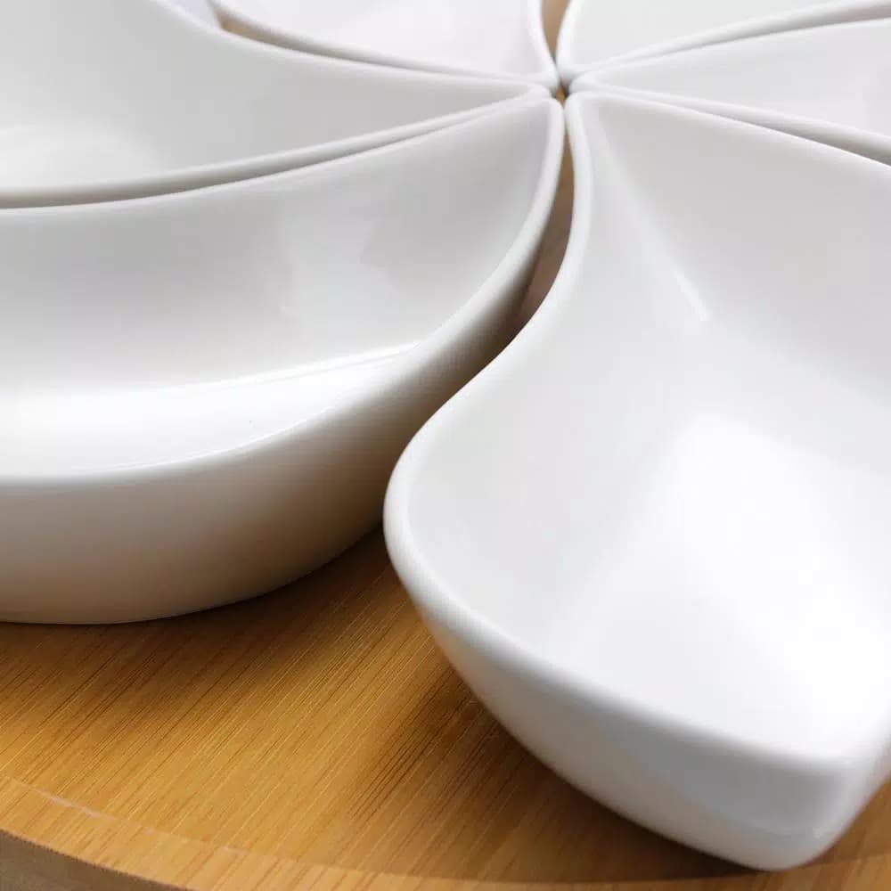 Elama Signature Collection Stoneware Appetizer Set with Bamboo Lazy Susan Tray