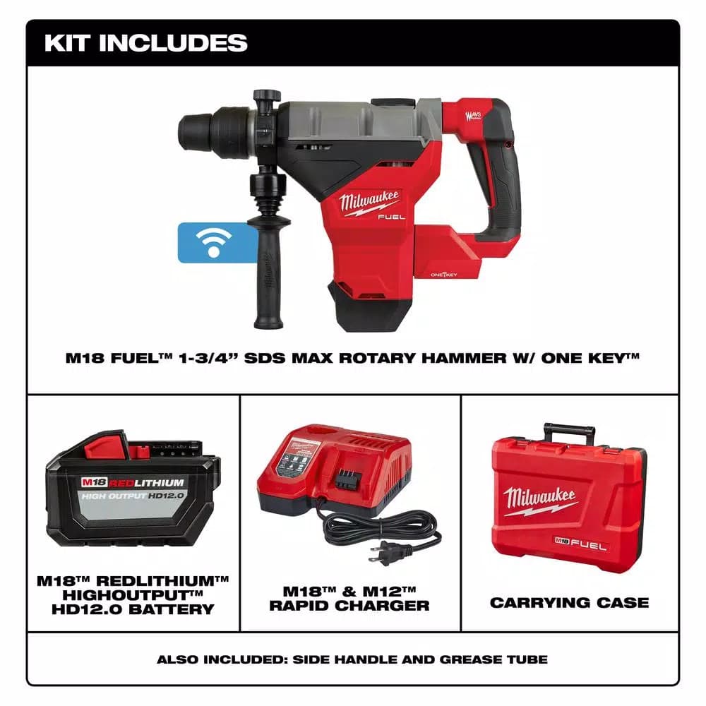 Milwaukee M18 FUEL 1-3/4 in. SDS-MAX Rotary Hammer Kit with 12.0 Ah Battery & ONE-KEY