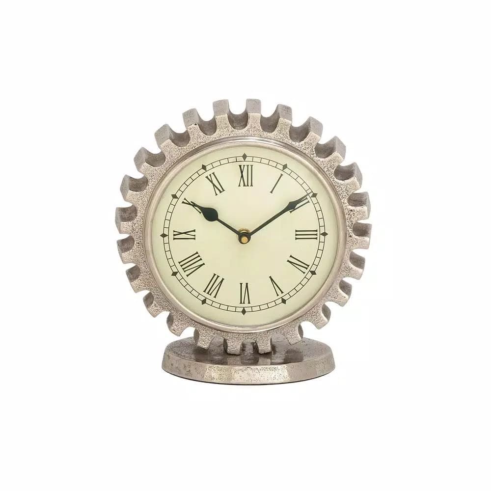 LITTON LANE Vintage Silver Gear Table Clock - Industrial Style Analog Quartz Clock