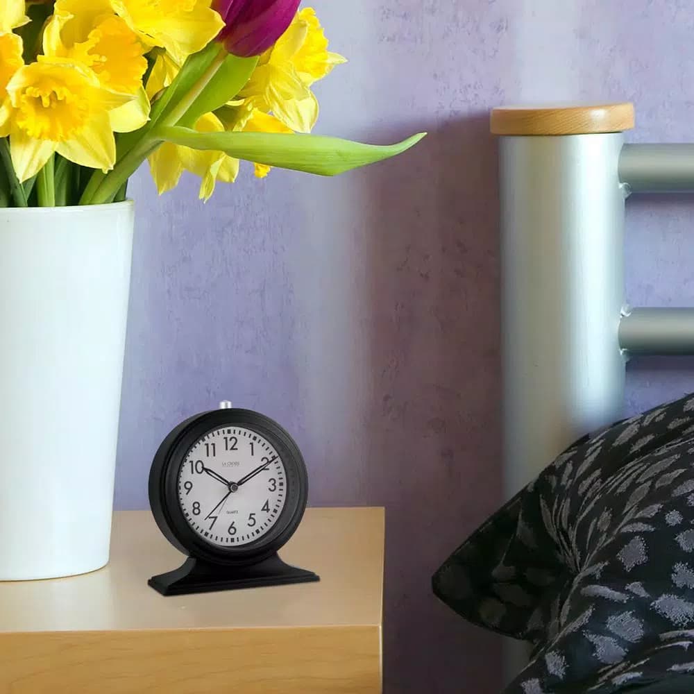 La Crosse Clock Co. Silent Sweep Black Mantel Alarm Clock with Luminous Hands