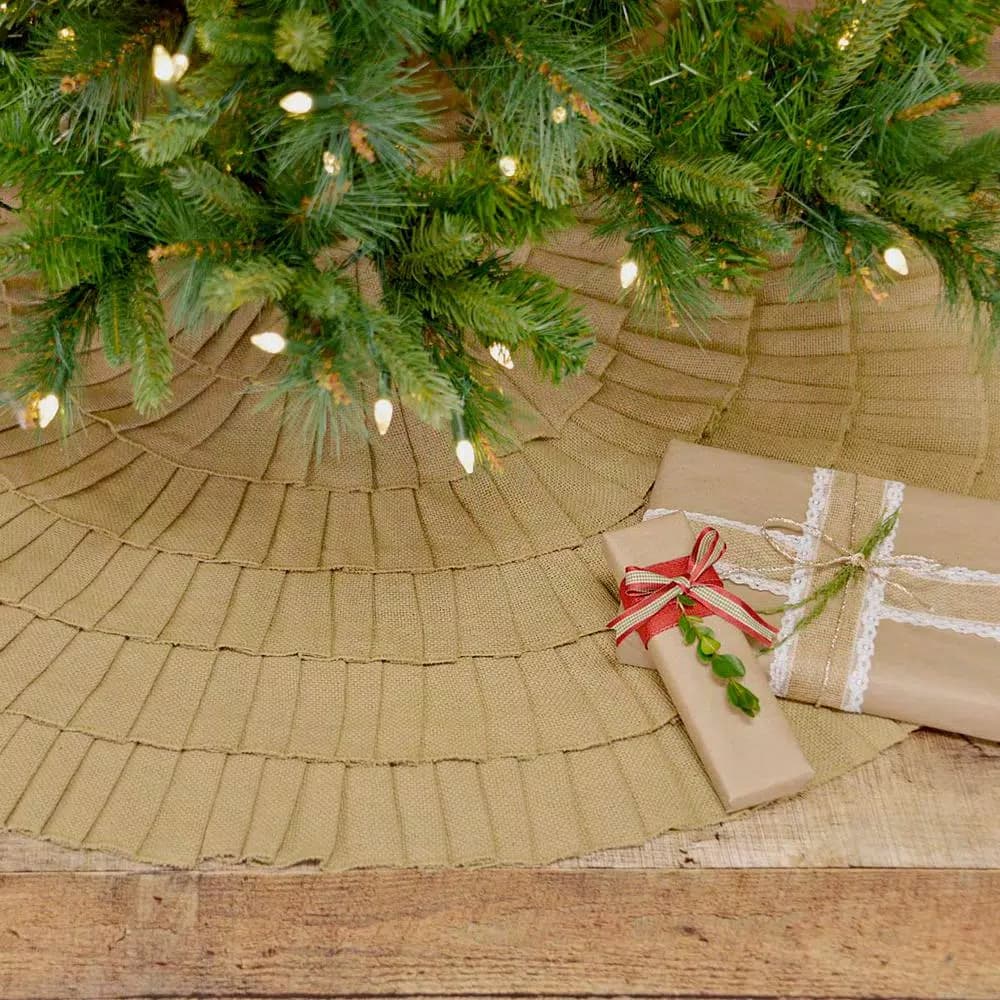 VHC Brands 48 in. Natural Burlap Ruffled Christmas Tree Skirt - Farmhouse Holiday Decor