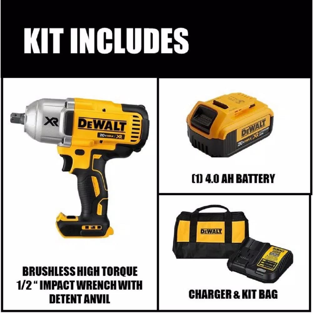 DEWALT 20V MAX XR Cordless Brushless 1/2 in. High Torque Impact Wrench Kit with 4.0 Ah Battery