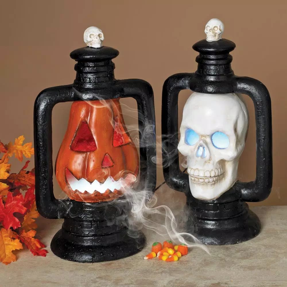 Gerson 18.11 in. Electric Smoking Halloween Lanterns Set of 2 - Jack-O-Lantern and Skull