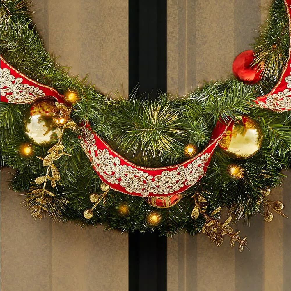 Home Accents Holiday 36 in. Royal Easton Pre-Lit LED Artificial Christmas Wreath with Gold Ornaments and Ribbon