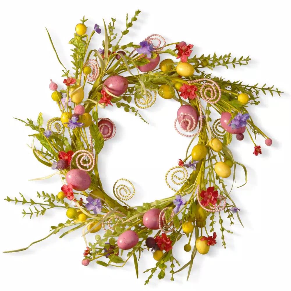 National Tree Company 24 in. Garden Accents Easter Wreath with Mixed Flowers, Eggs, and Butterflies
