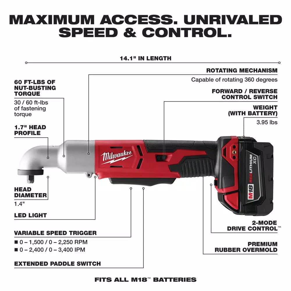 Milwaukee M18 18V Cordless 3/8 in. 2-Speed Right Angle Impact Wrench Kit with (2) 3.0 Ah Batteries, Charger, and Hard Case