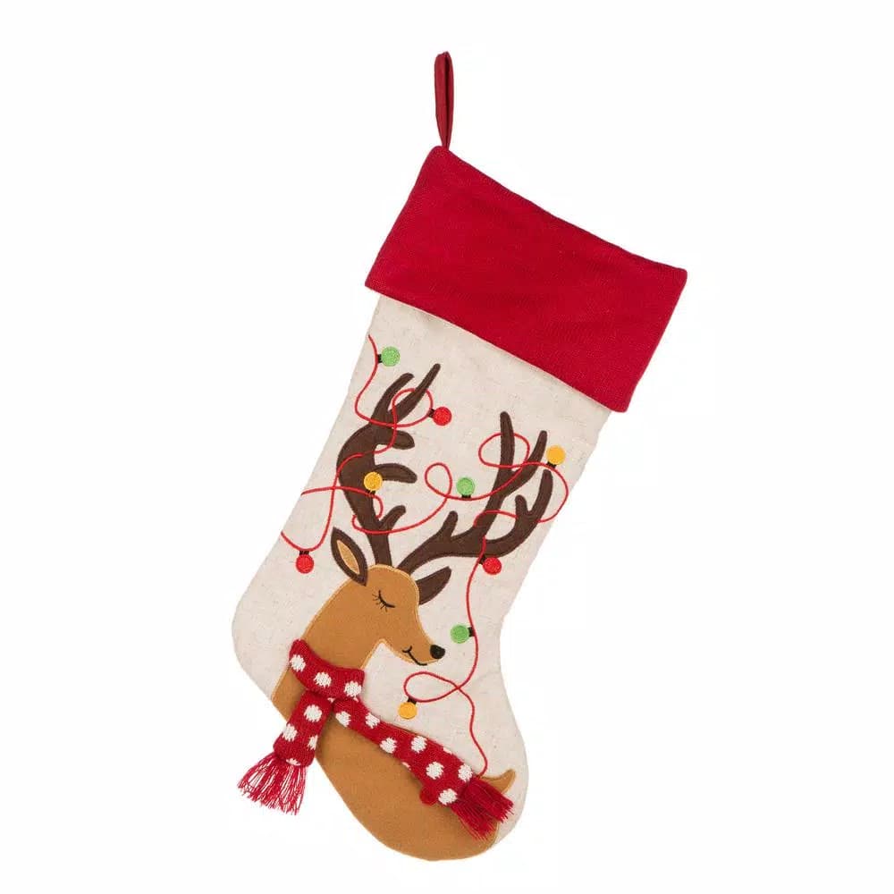 Glitzhome 21 in. LED Embroidered Linen Christmas Stocking - Reindeer Design