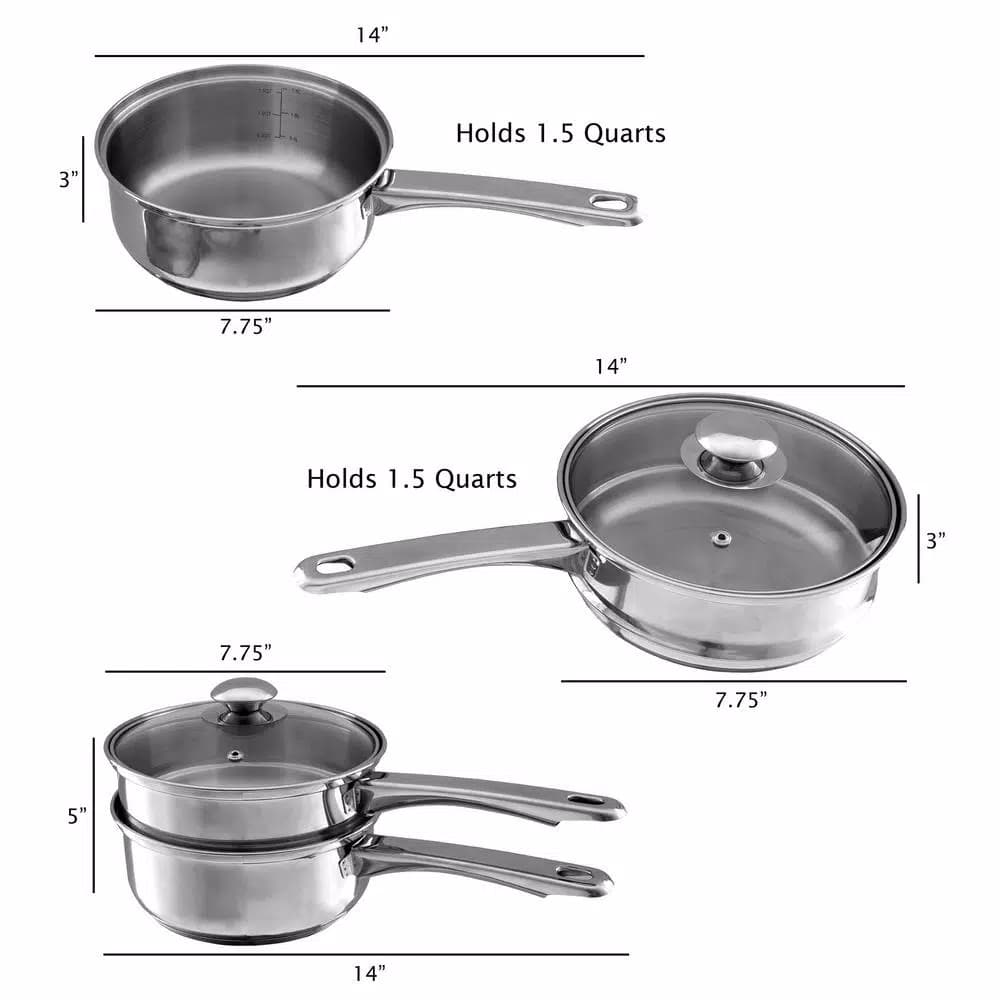 Classic Cuisine 1.5 Qt. Stainless Steel Double Boiler Saucepan Set with Tempered Glass Lid