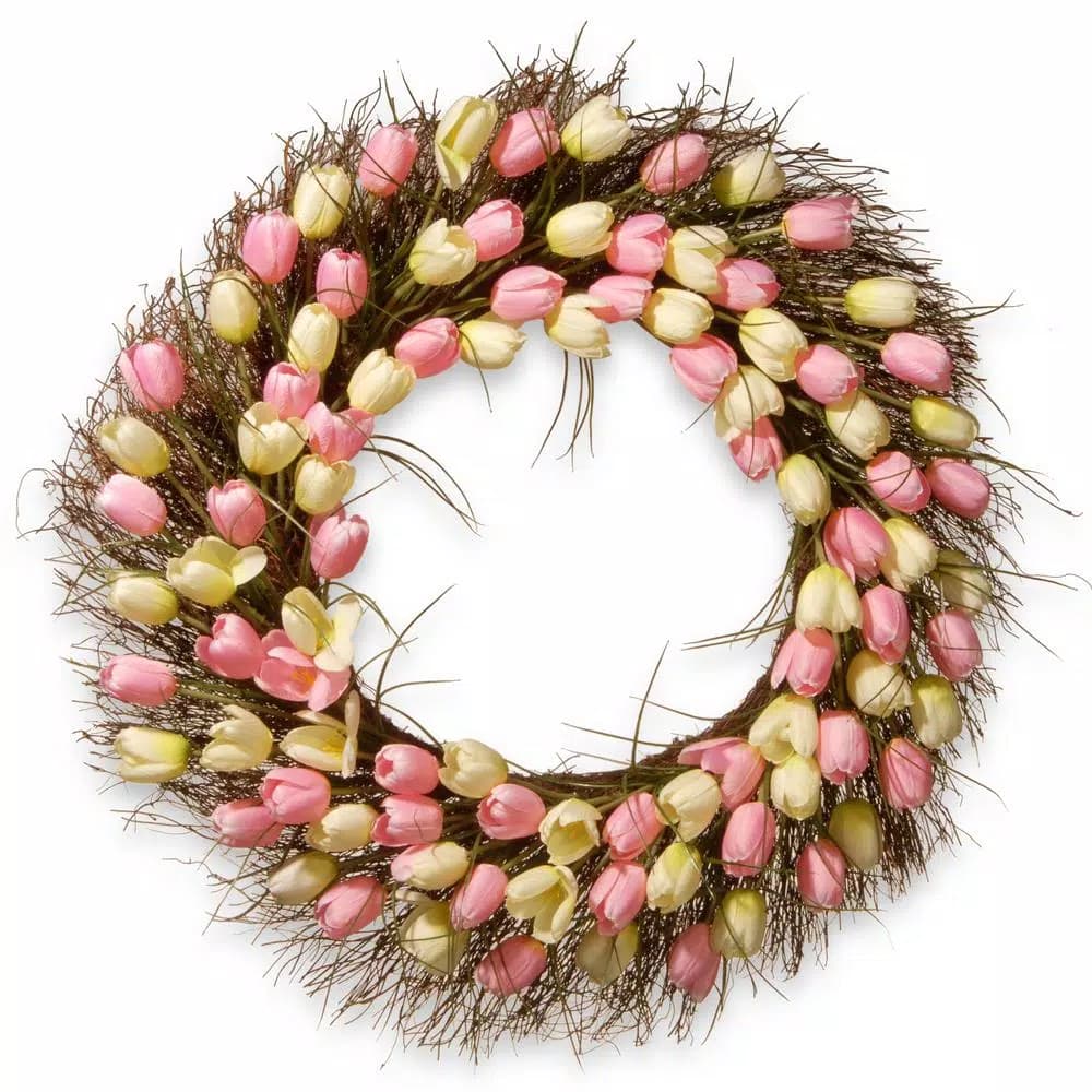 National Tree Company 32 in. Yellow and Pink Tulip Floral Wreath, Cottage Style