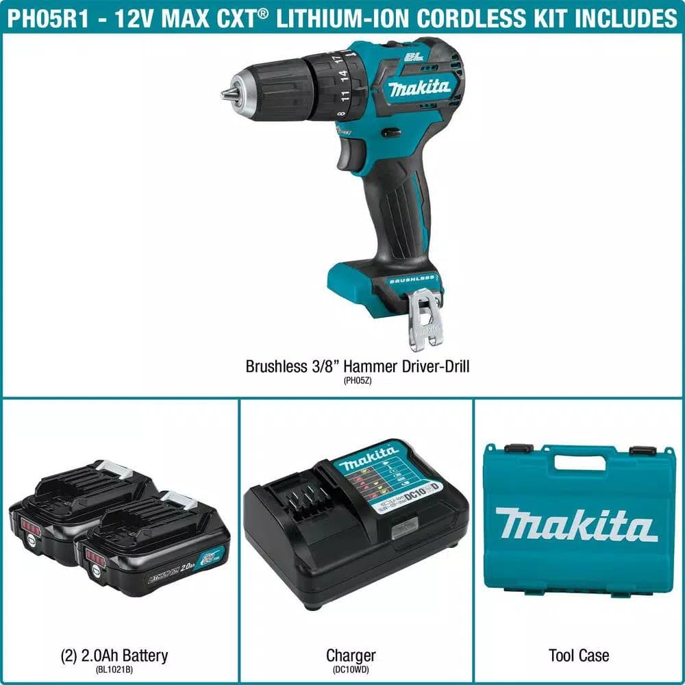 Makita 12V Max CXT Brushless 3/8 in. Cordless Hammer Driver-Drill Kit w/ (2) 2Ah Batteries, Charger & Case