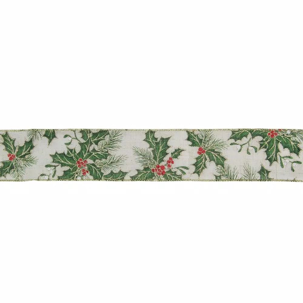 Northlight 2.5 in. x 16 yds. Christmas Holly Berries Wired Craft Ivory Ribbon with Gold Glitter Trim