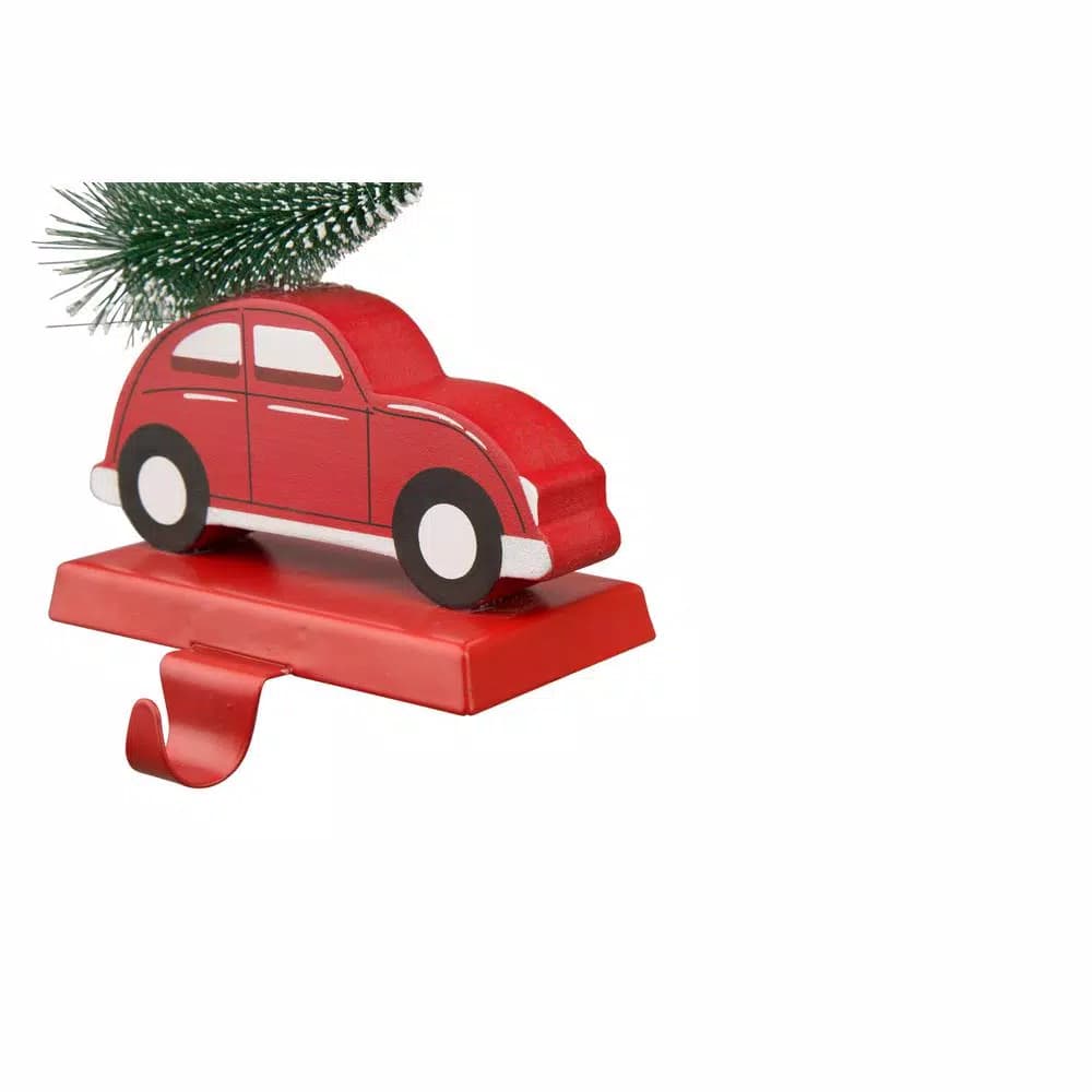 Glitzhome Red Car Wooden and Metal Christmas Stocking Holder - Travel Theme Holiday Decor