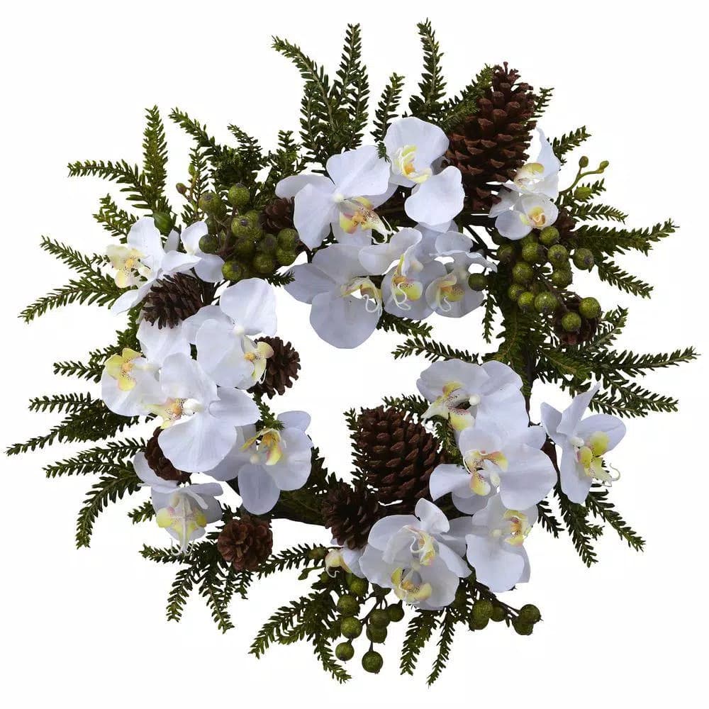 Nearly Natural 22 in. Phalaenopsis Orchid and Pine Wreath - White Cottage Style