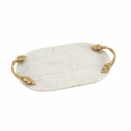 LITTON LANE 20 in. White Marble Oval Decorative Tray with Gold Leaf and Vine Aluminum Handles thumbnail 1