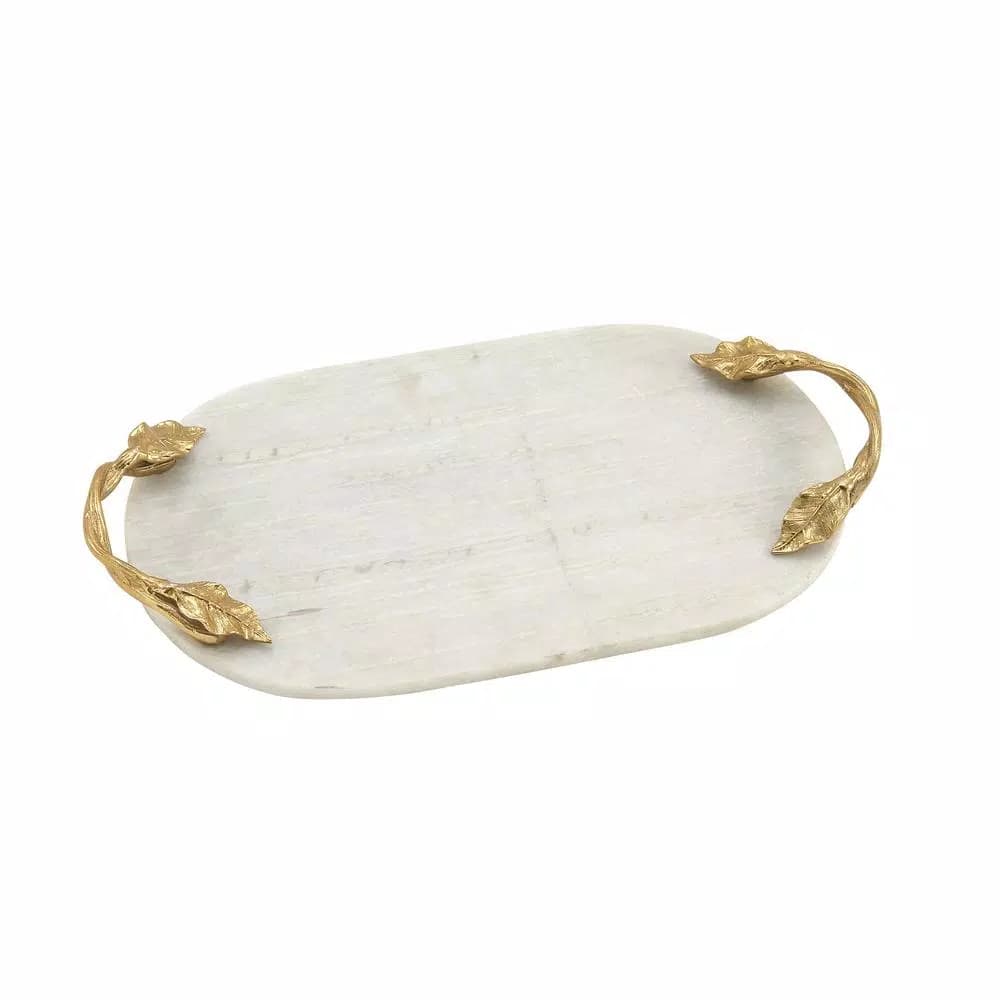 LITTON LANE 20 in. White Marble Oval Decorative Tray with Gold Leaf and Vine Aluminum Handles