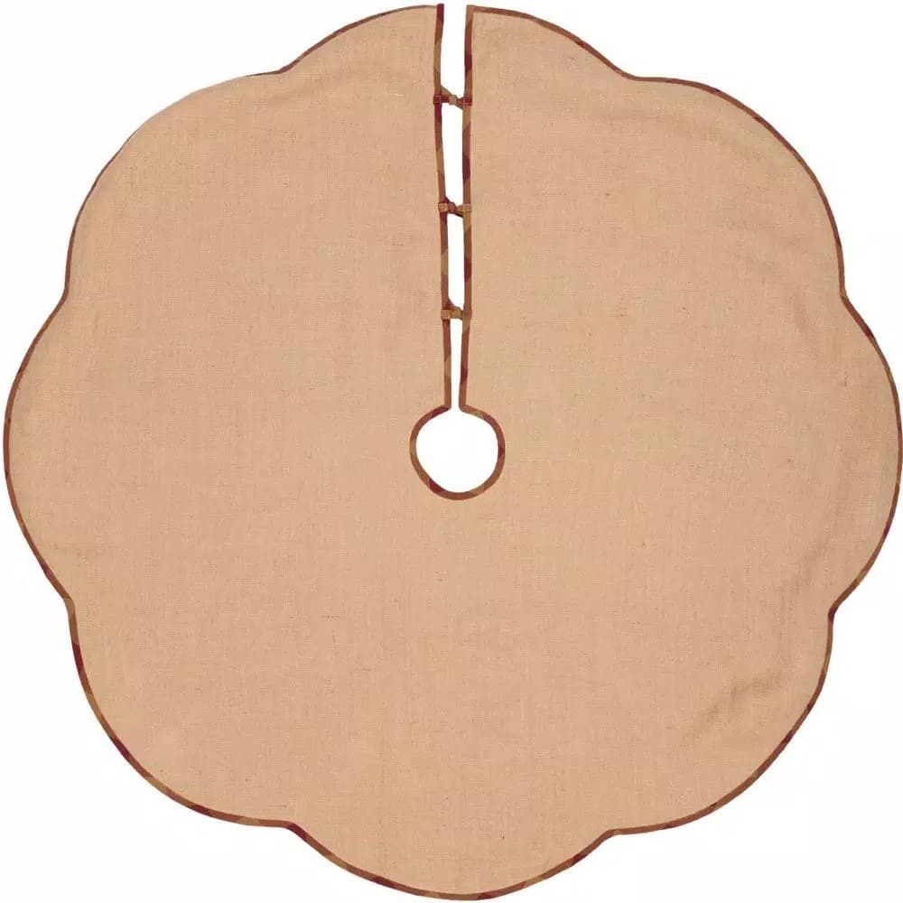 VHC Brands 55 in. Burgundy Check Red Primitive Christmas Tree Skirt with Scalloped Edge