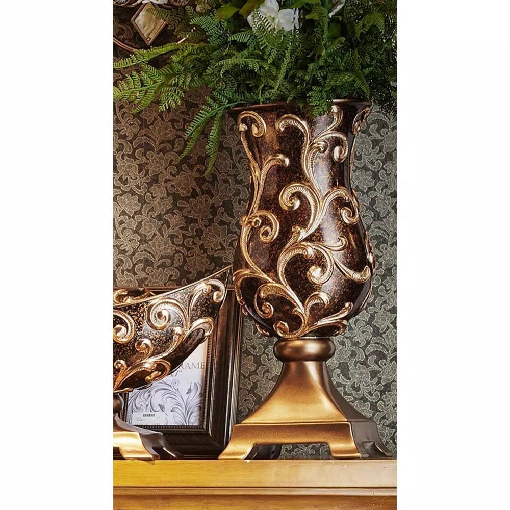 Unbranded 19.75 in. Odysseus Baroque Decorative Table Vase with Gold Floral Filigree, Deep Brown