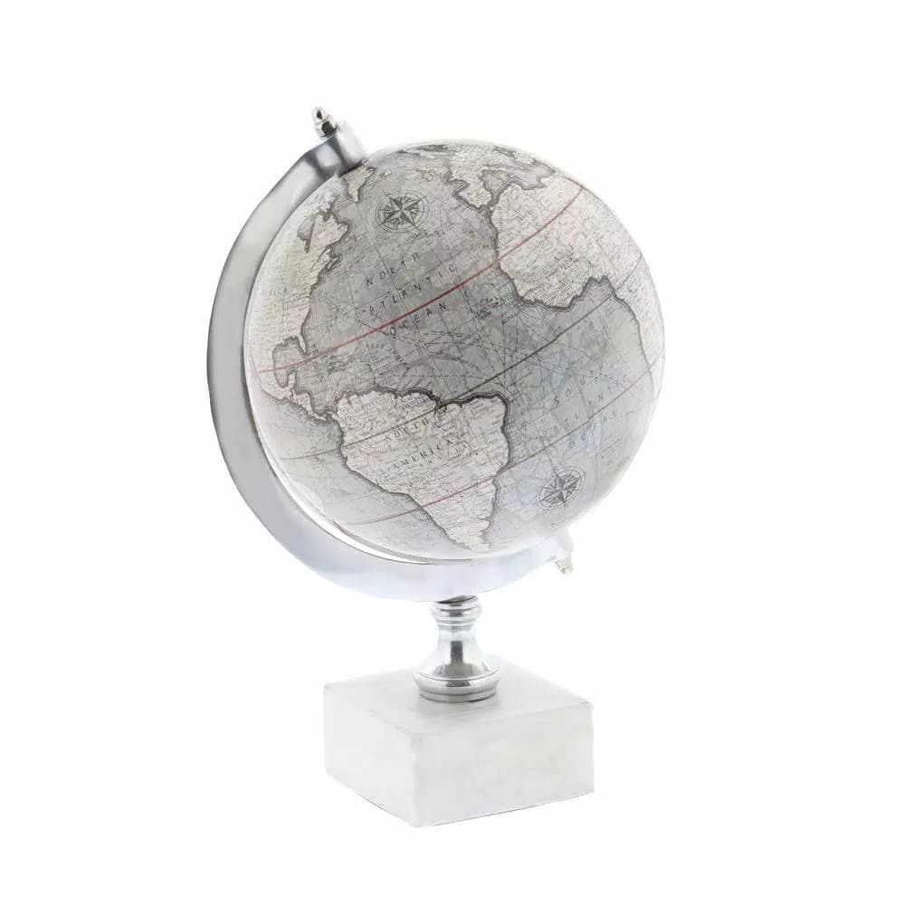 LITTON LANE 11 in. Modern Decorative White and Silver Globe with Stoneware Base