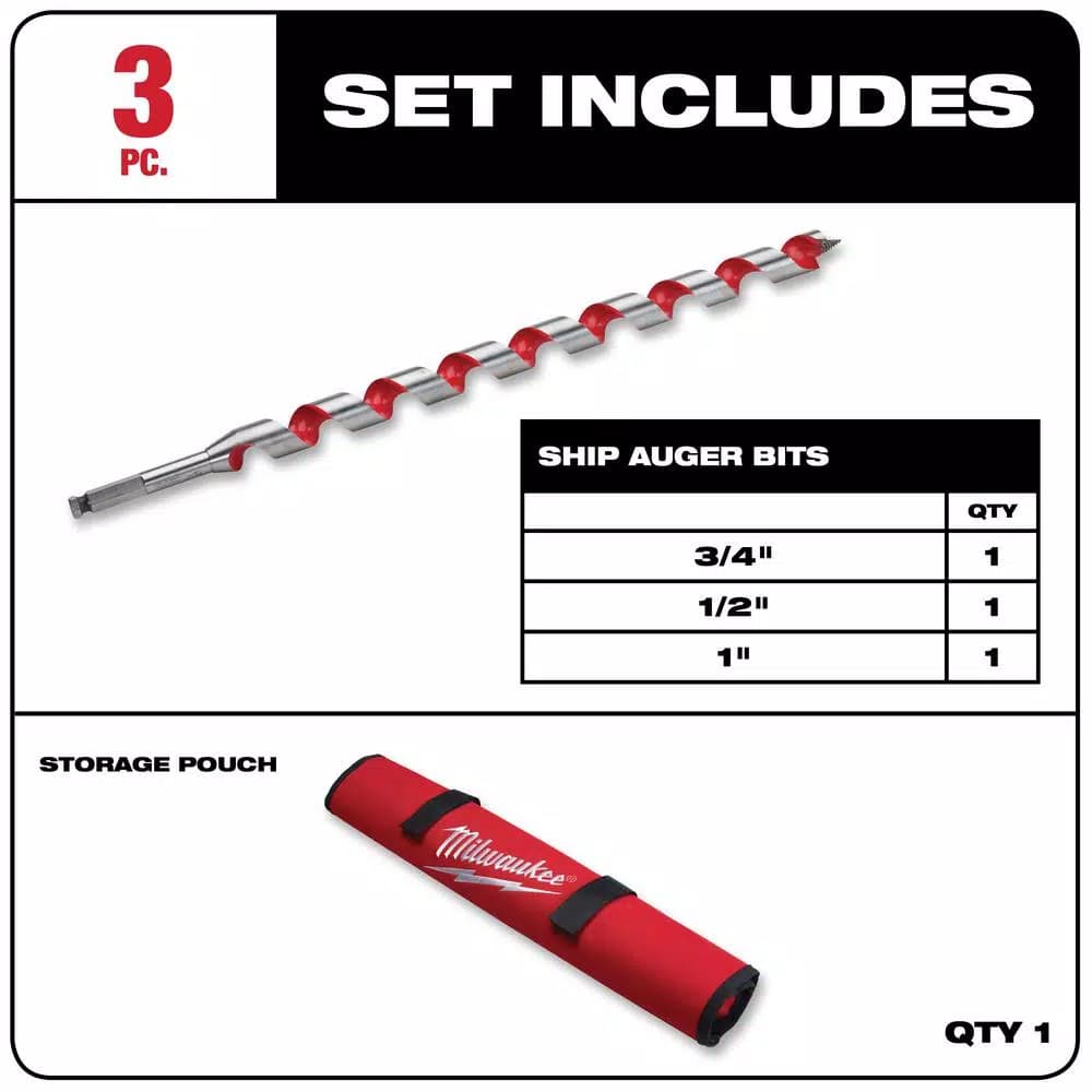 Milwaukee 18 in. Ship Auger Wood Drilling Bit Set, 3-Piece High Speed Steel