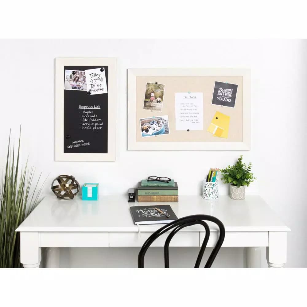 DesignOvation Beatrice Framed Linen Fabric Pinboard Memo Board, 18 x 27 in, White