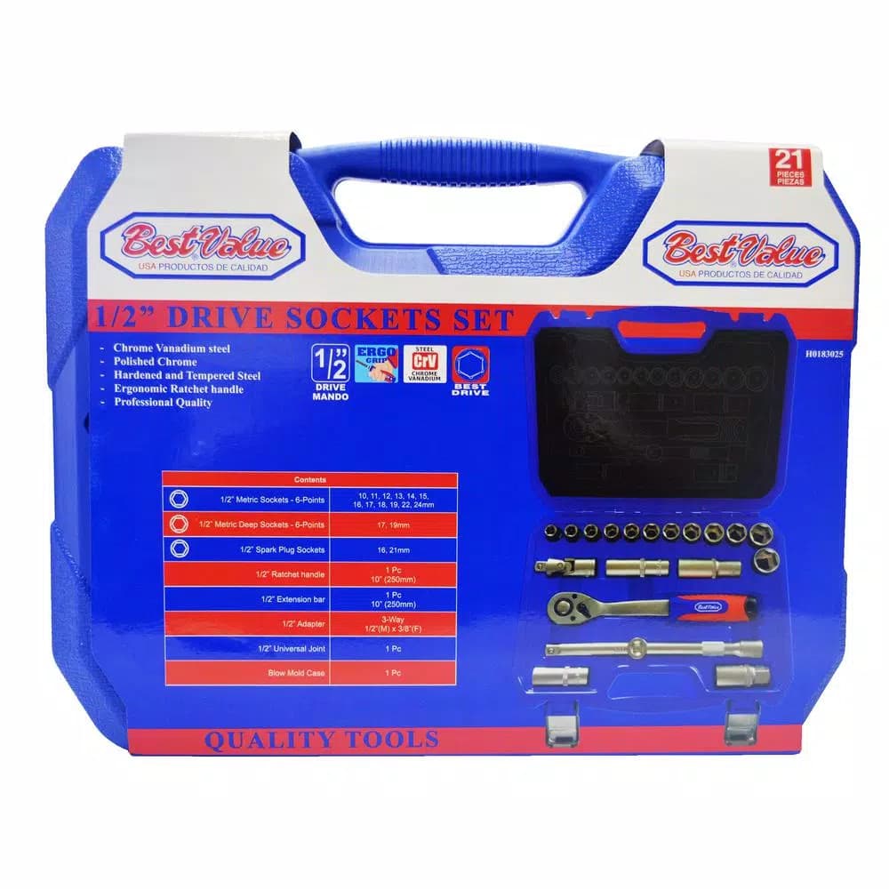 Best Value 21-Piece 1/2 in. Metric Socket Set with Ratchet, Extension Bar, and Blow Mold Case