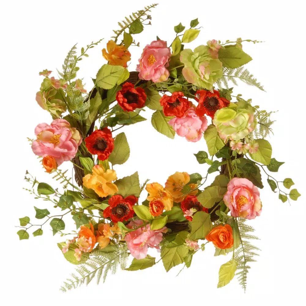 National Tree Company 22 in. Spring Flower Wreath with Mixed Multicolored Flowers and Fern Fronds