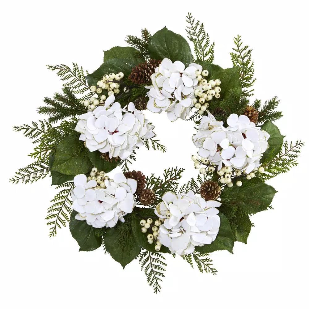 Nearly Natural 24 in. Gold Trimmed Hydrangea and Berry Wreath - White Floral Winter Decor