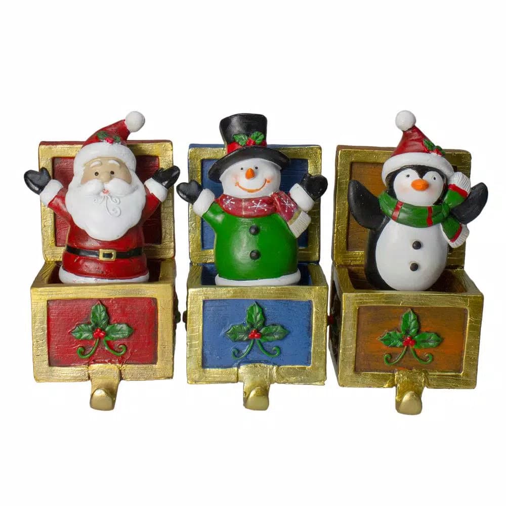 Northlight Santa, Snowman, and Penguin Jack-in-the-Box Christmas Stocking Holders, Set of 3
