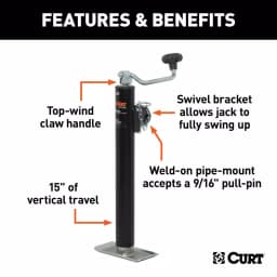 CURT Pipe-Mount Swivel Trailer Jack with Top Handle, 2,000 lbs. Capacity, 15 in. Travel thumbnail 3