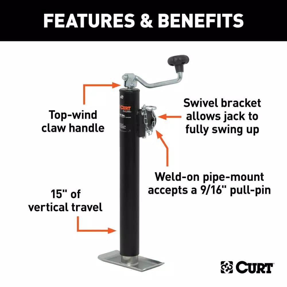 CURT Pipe-Mount Swivel Trailer Jack with Top Handle, 2,000 lbs. Capacity, 15 in. Travel