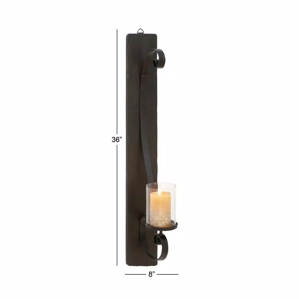 LITTON LANE 36 in. Scrolled Wrought Iron Wall Sconce Candle Holder with Glass Hurricane, Deep Bronze