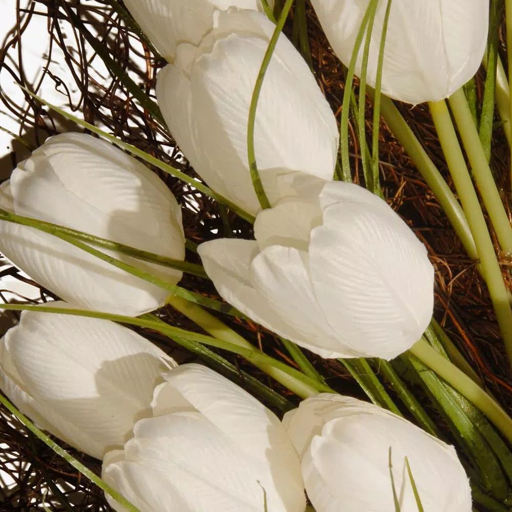 National Tree Company 24 in. White Tulip Wreath with Green Stems and Bristle Branch Base